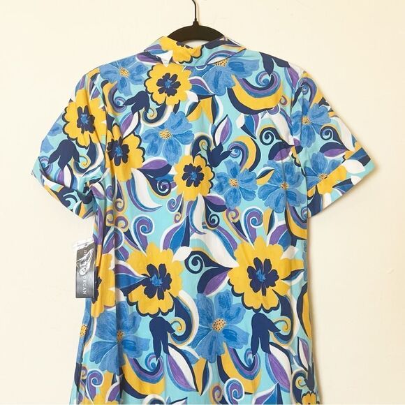 Donna Morgan Vibrant Floral Drop Waist Button-Down Shirt Dress, Sz 4 Blue - Picture 8 of 14
